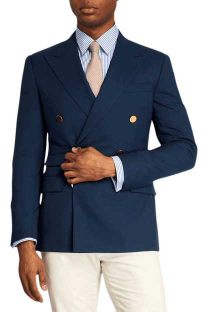 Blau-weißer zweiteiliger Zweireiher-Anzug in normaler Passform 