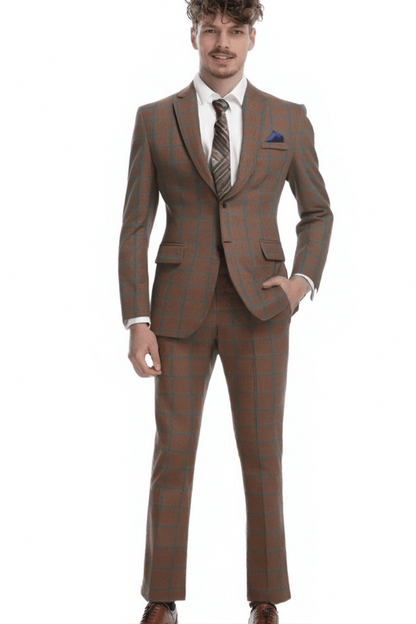 Brown Plaid 2-Button Wool Suit