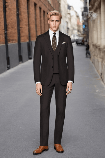 Brown Wool Single Breasted 3-Piece Suit