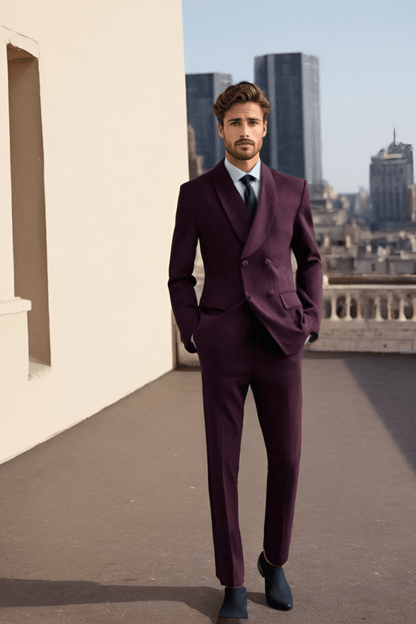 Burgundy Solid Cotton Double Breasted Suit