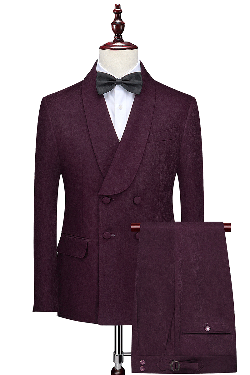 Burgundy Solid Cotton Double Breasted Suit