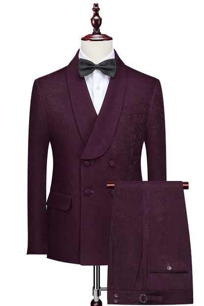 Burgundy Solid Cotton Double Breasted Suit