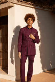 Burgundy Wool Stretch Stripe Double Breasted Suit