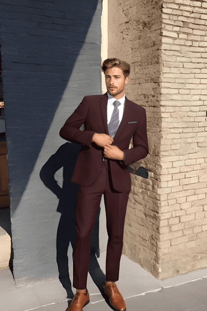 Traje de 3 piezas ajustado de 1 botón en color burdeos y rojo