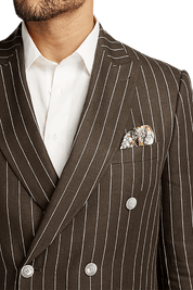 Dark Brown Linen Pinstripe Double Breasted Peak Lapel Suit