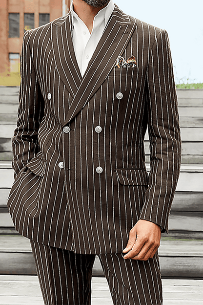 Dark Brown Linen Pinstripe Double Breasted Peak Lapel Suit