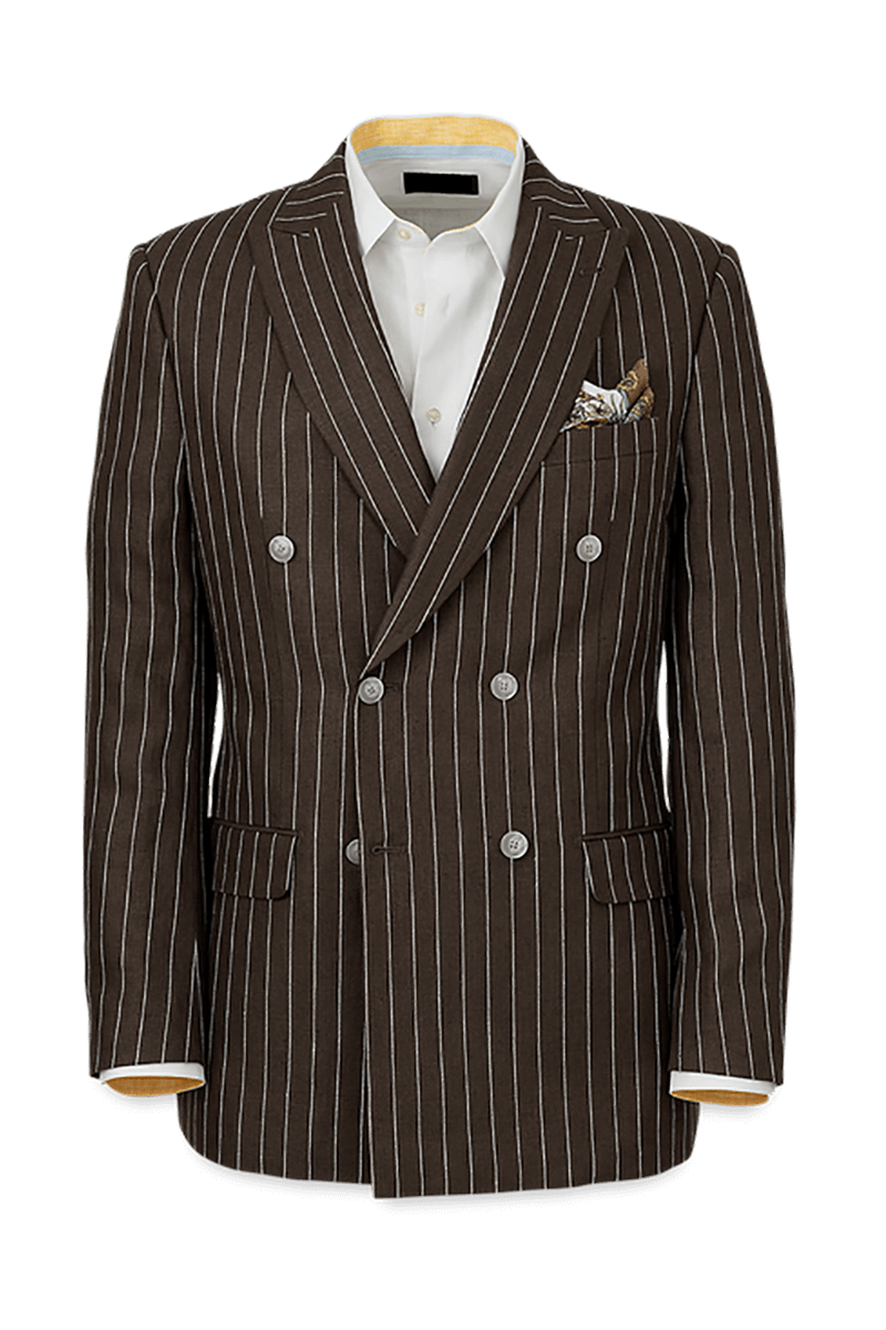 Dark Brown Linen Pinstripe Double Breasted Peak Lapel Suit