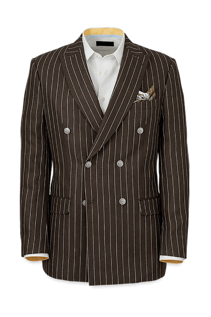 Dark Brown Linen Pinstripe Double Breasted Peak Lapel Suit