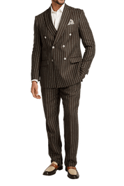 Dark Brown Linen Pinstripe Double Breasted Peak Lapel Suit