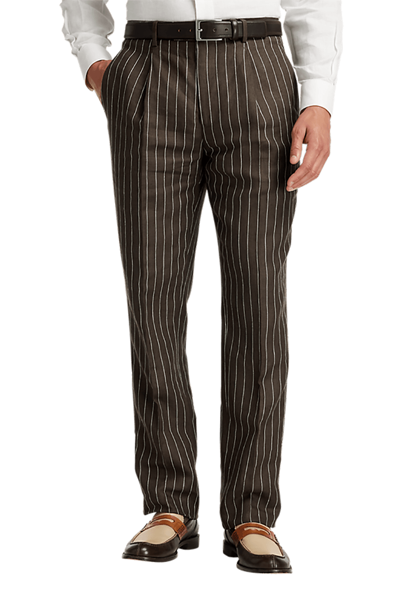 Dark Brown Linen Pinstripe Double Breasted Peak Lapel Suit