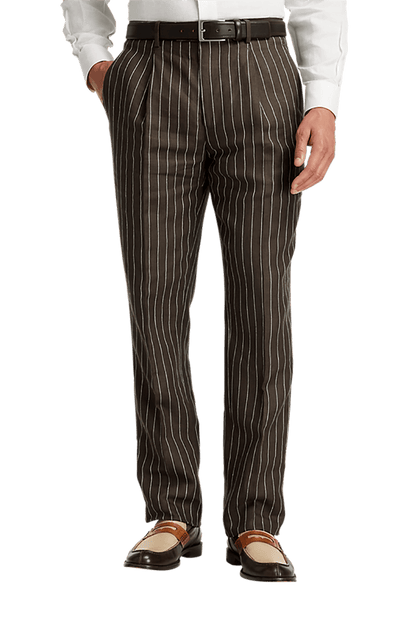 Dark Brown Linen Pinstripe Double Breasted Peak Lapel Suit