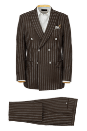 Dark Brown Linen Pinstripe Double Breasted Peak Lapel Suit