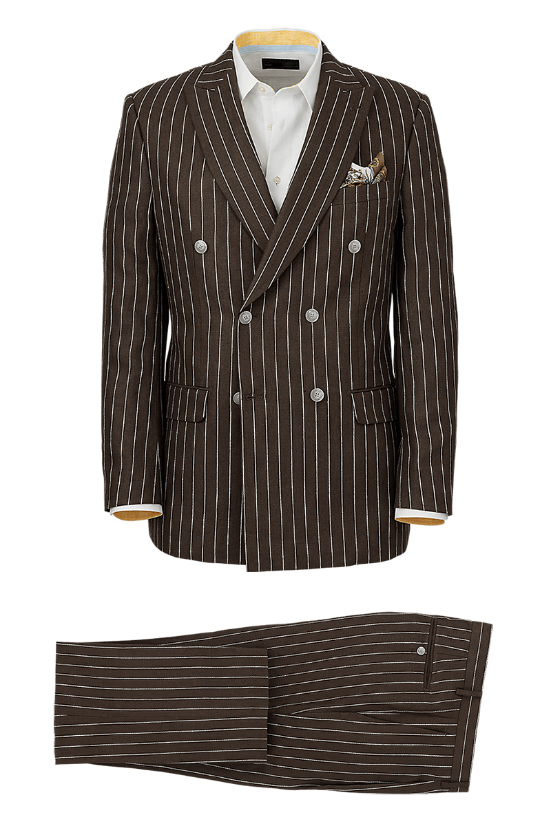 Dark Brown Linen Pinstripe Double Breasted Peak Lapel Suit