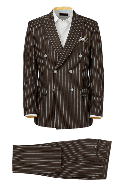 Dark Brown Linen Pinstripe Double Breasted Peak Lapel Suit