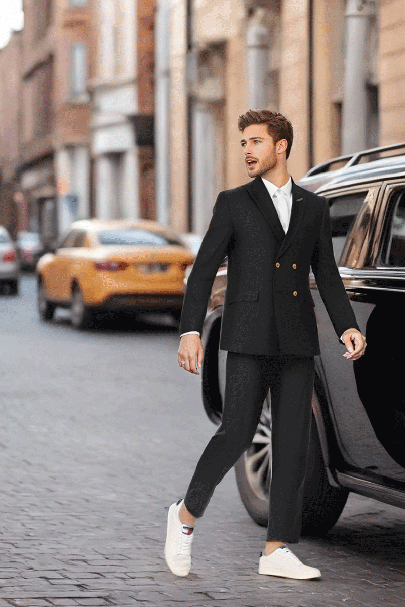 Dark Blue Slim Fit Pinstripe 2 Piece Double Breasted Suit