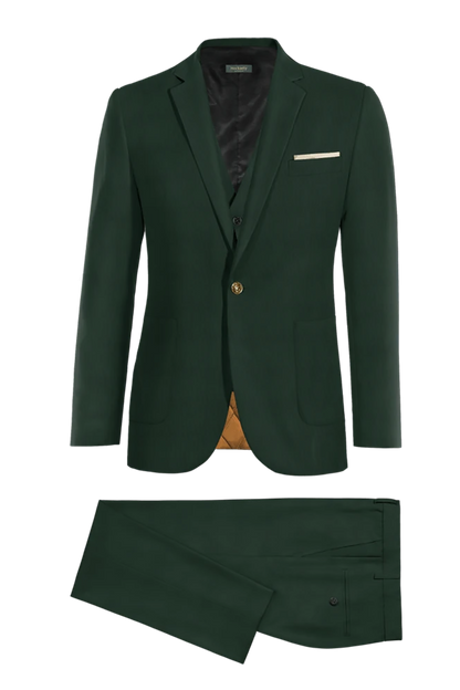 Traje de 3 piezas de corte entallado de 1 botón color verde oscuro