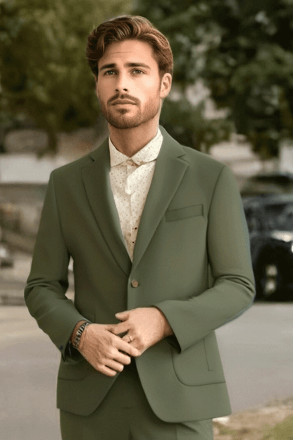 Traje de 2 botones de 3 piezas, corte ajustado, color verde oscuro
