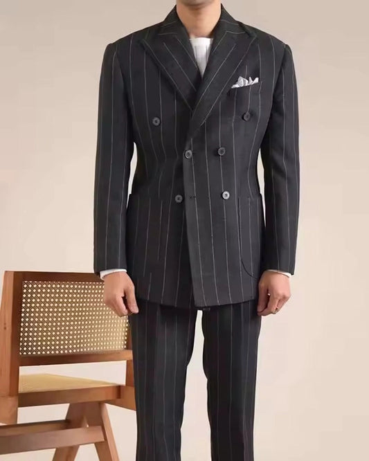 Black Stripe Peaked Lapel Double-breasted 2-piece Suits
