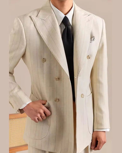 Beige Stripe Peaked Lapel Double-breasted 2-piece Suits