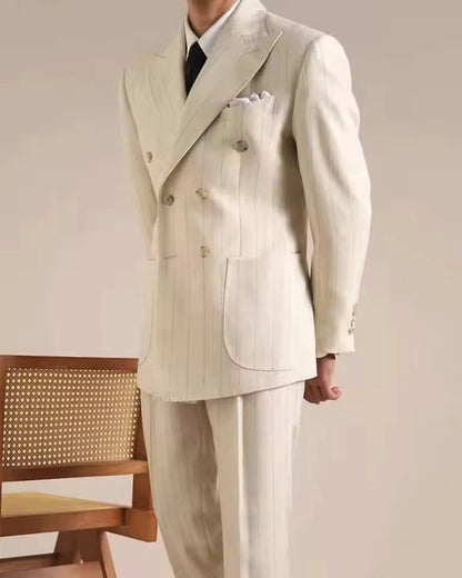 Beige Stripe Peaked Lapel Double-breasted 2-piece Suits