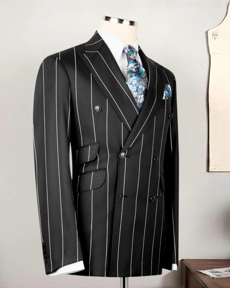 Black Striped Double-breasted 2-piece Suit