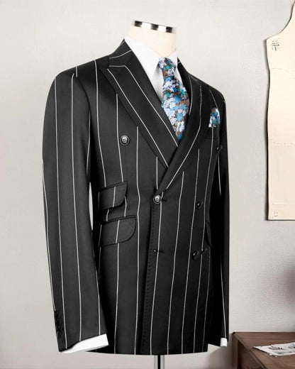 Black Striped Double-breasted 2-piece Suit