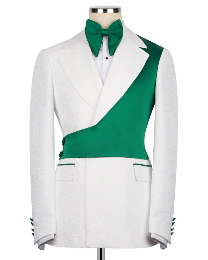 Green Asymmetric White Jacquard Peak Lapel 2-Button 2-Piece Suit