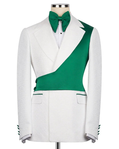 Green Asymmetric White Jacquard Peak Lapel 2-Button 2-Piece Suit