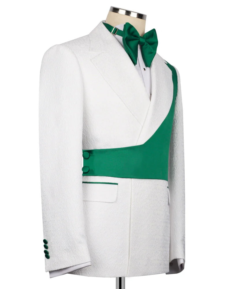 Green Asymmetric White Jacquard Peak Lapel 2-Button 2-Piece Suit