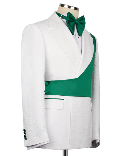 Green Asymmetric White Jacquard Peak Lapel 2-Button 2-Piece Suit