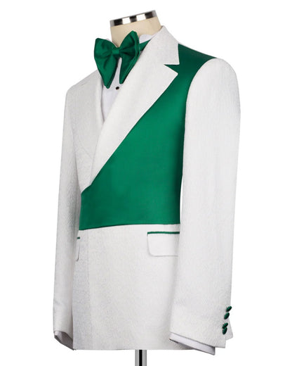 Green Asymmetric White Jacquard Peak Lapel 2-Button 2-Piece Suit