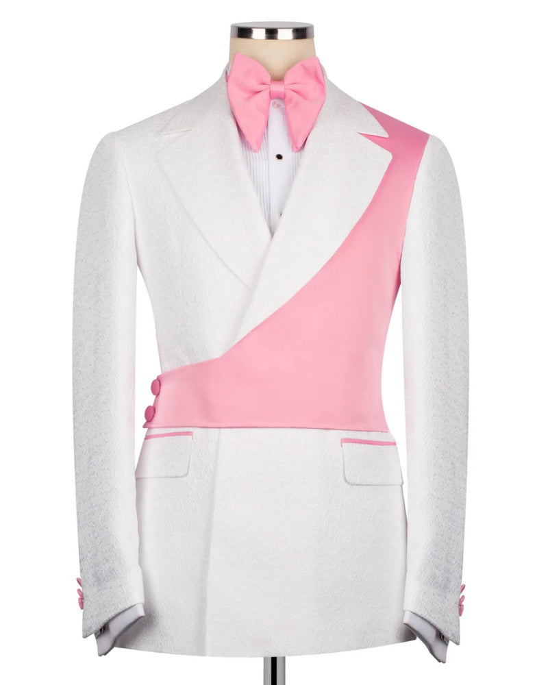 Pink Asymmetric White Jacquard Peak Lapel 2-Button 2-Piece Suit