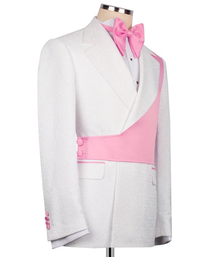 Pink Asymmetric White Jacquard Peak Lapel 2-Button 2-Piece Suit