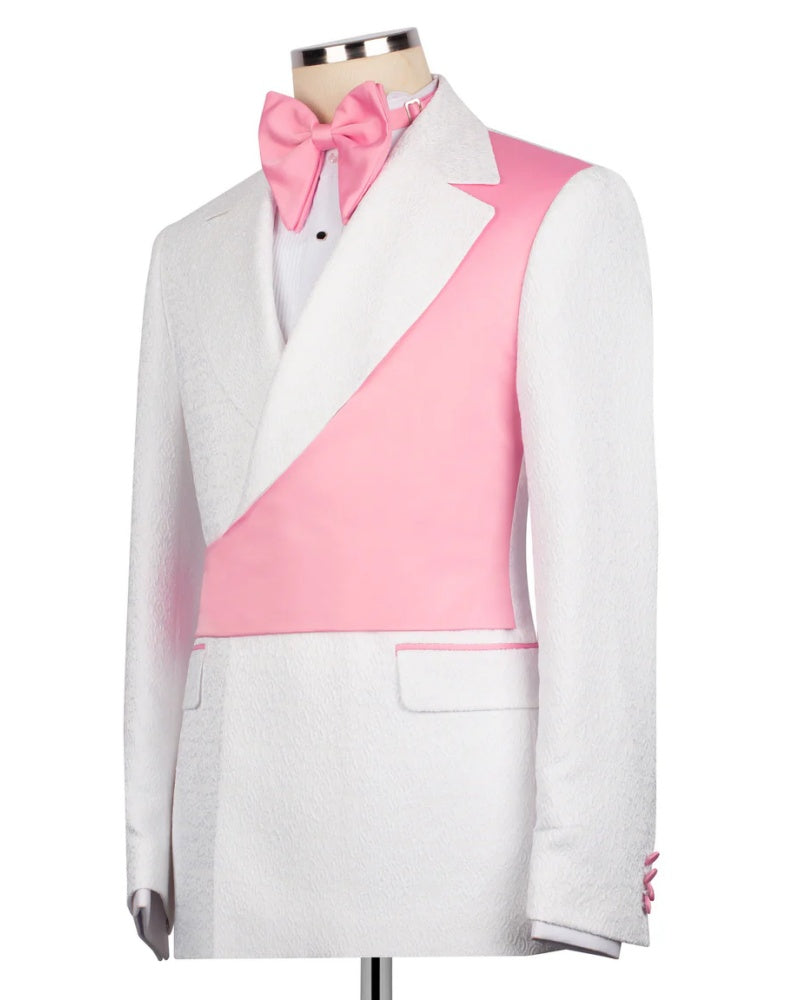 Pink Asymmetric White Jacquard Peak Lapel 2-Button 2-Piece Suit