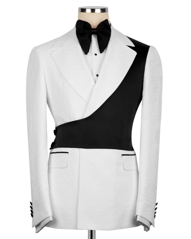 Black Asymmetric White Jacquard Peak Lapel 2-Button 2-Piece Suit