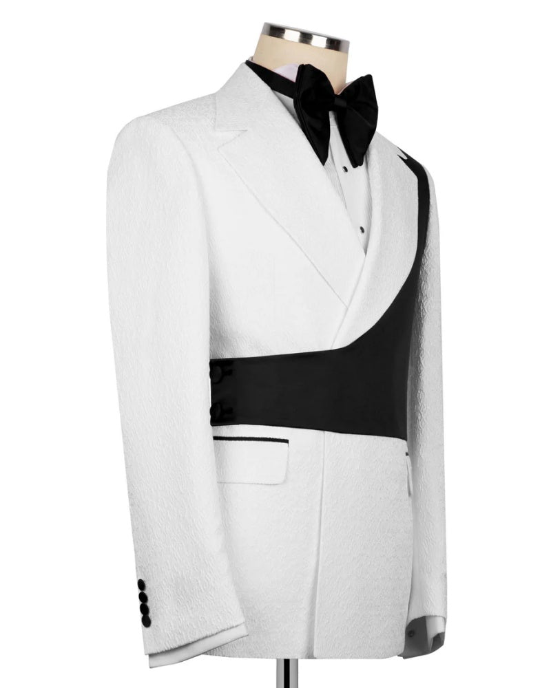 Black Asymmetric White Jacquard Peak Lapel 2-Button 2-Piece Suit