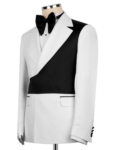 Black Asymmetric White Jacquard Peak Lapel 2-Button 2-Piece Suit