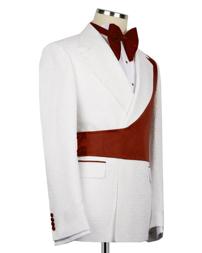 Burgundy Asymmetric White Jacquard Peak Lapel 2-Button 2-Piece Suit