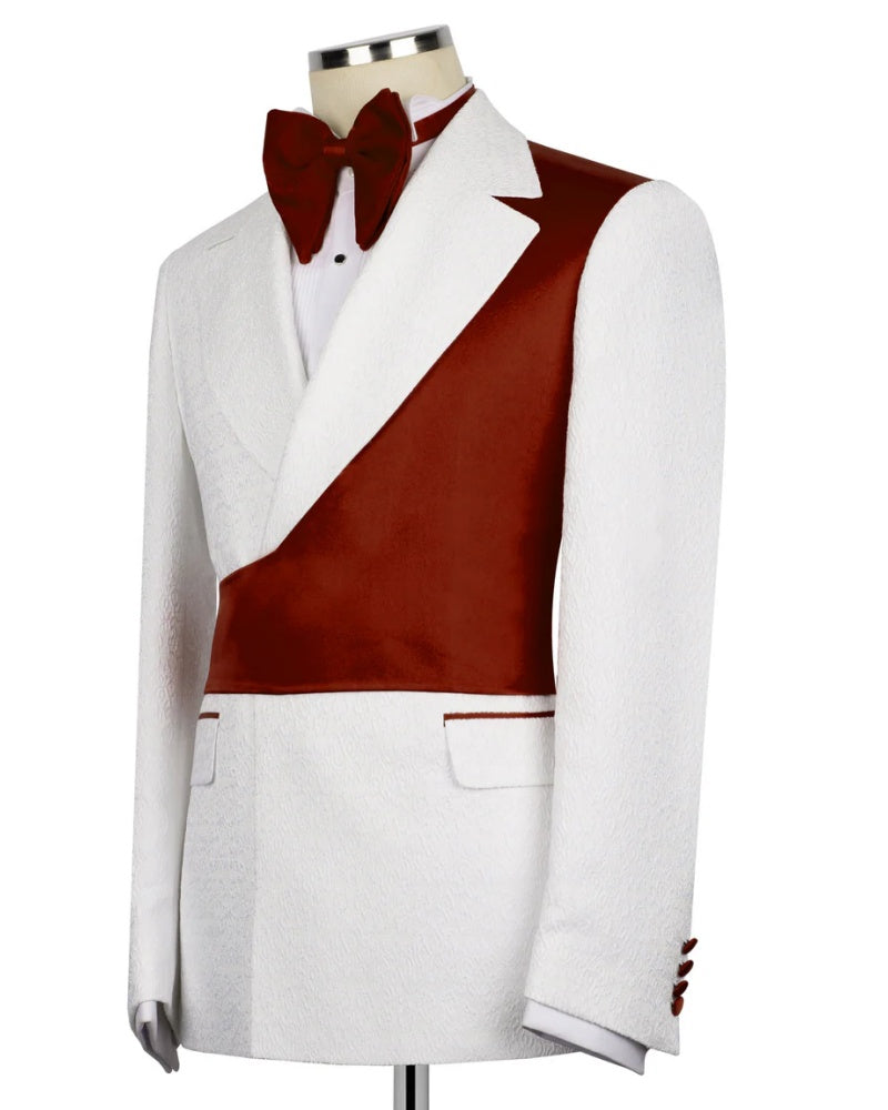 Burgundy Asymmetric White Jacquard Peak Lapel 2-Button 2-Piece Suit
