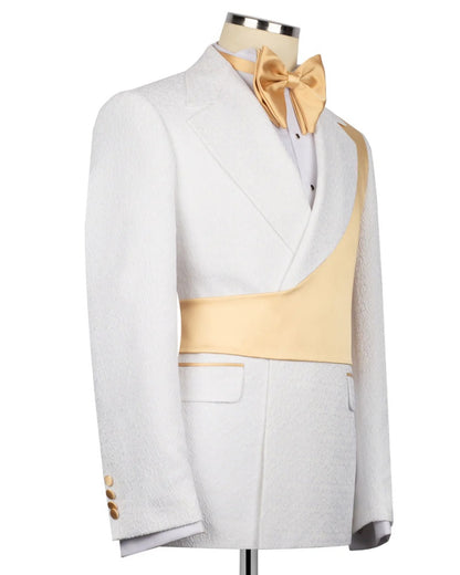 Yellow Asymmetric White Jacquard Peak Lapel 2-Button 2-Piece Suit