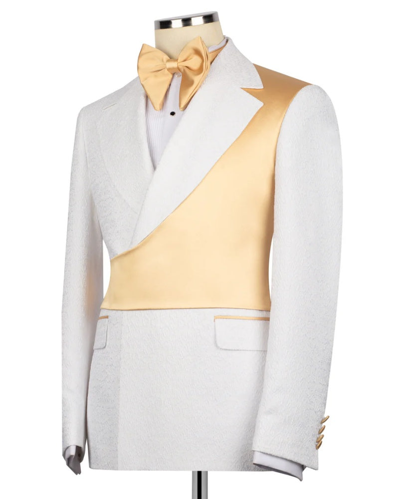 Yellow Asymmetric White Jacquard Peak Lapel 2-Button 2-Piece Suit
