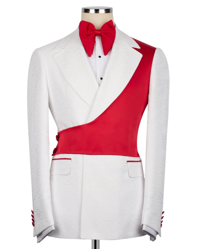Red Asymmetric White Jacquard Peak Lapel 2-Button 2-Piece Suit
