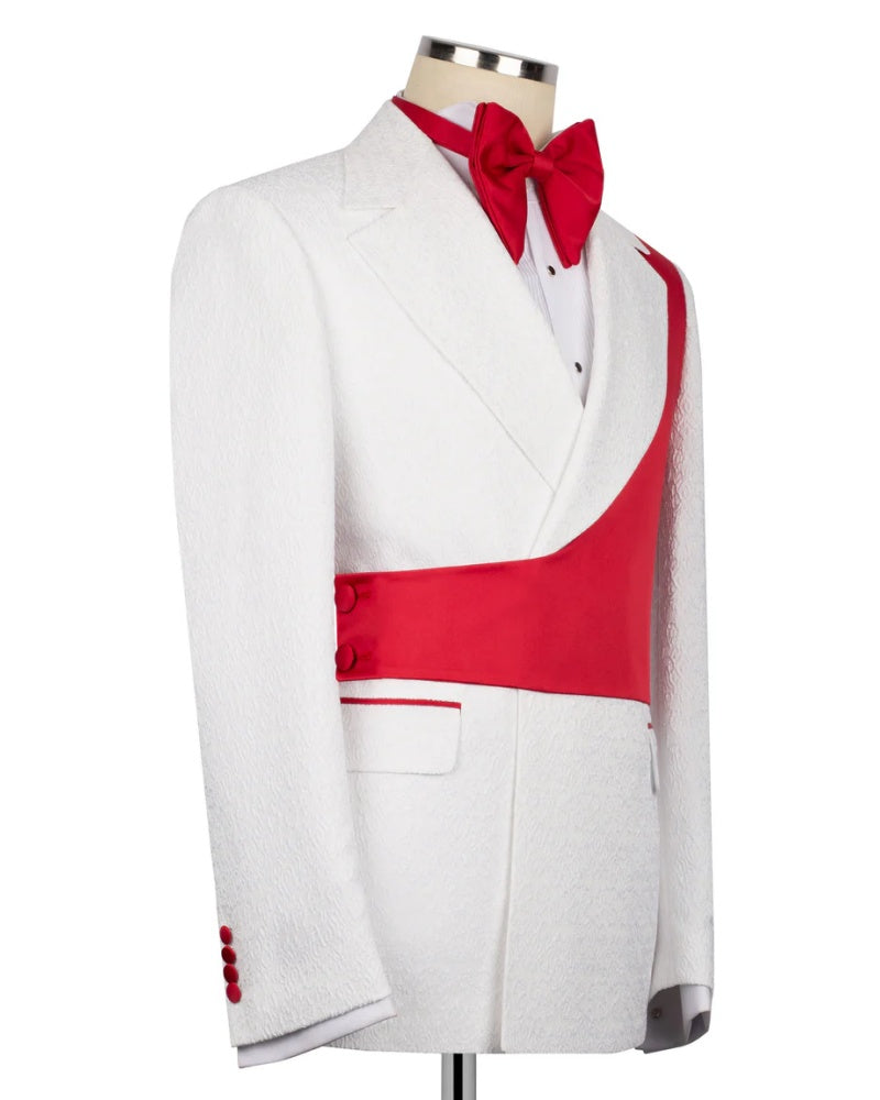 Red Asymmetric White Jacquard Peak Lapel 2-Button 2-Piece Suit