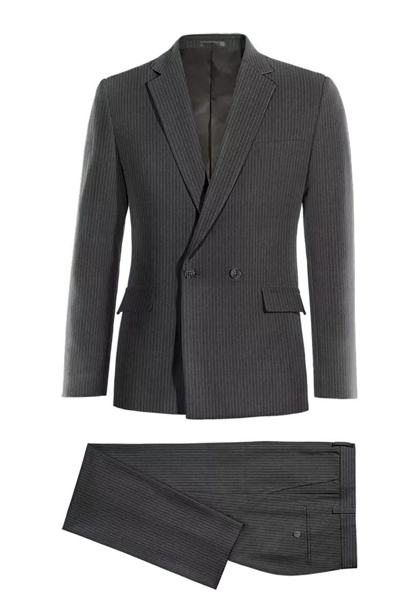 Traje cruzado de dos piezas con raya diplomática en color gris carbón y corte entallado