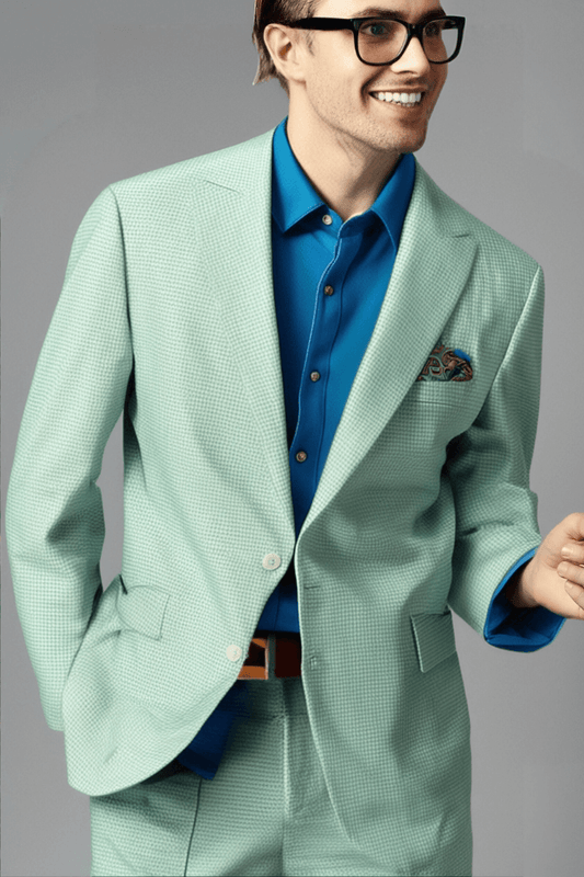 Green & White Houndstooth Wool Single Breasted Peak Lapel Jacket