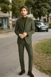 Green Wool Stretch 2-Button Notch Lapel Suit