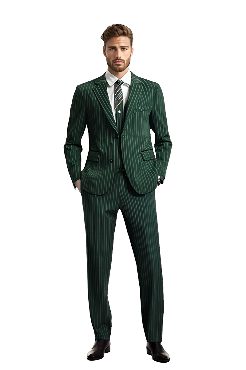 Traje de 3 piezas de 2 botones con raya diplomática y corte entallado de color verde