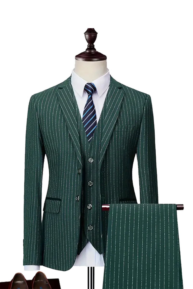Traje de 3 piezas de 2 botones con raya diplomática y corte entallado de color verde