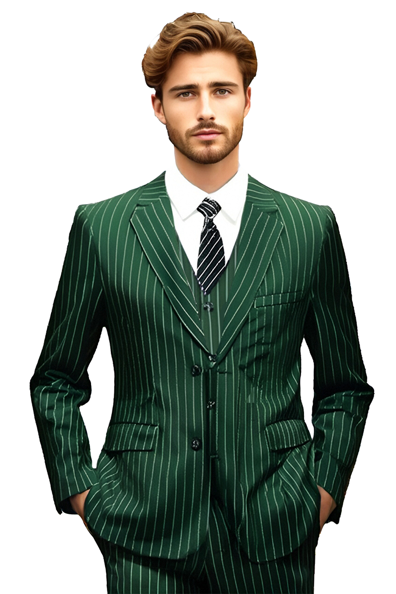 Traje de 3 piezas de 2 botones con raya diplomática y corte entallado de color verde