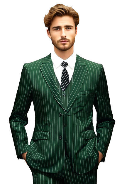 Traje de 3 piezas de 2 botones con raya diplomática y corte entallado de color verde